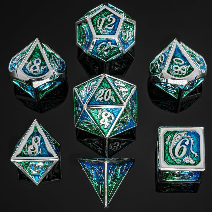 Solid Metal Dragon Polyhedral Dice Set - Silver with Green and Blue - Just $49.99! Shop now at Retro Gaming of Denver