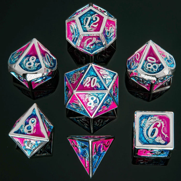 Solid Metal Dragon Polyhedral Dice Set - Silver with Pink and Blue - Just $49.99! Shop now at Retro Gaming of Denver