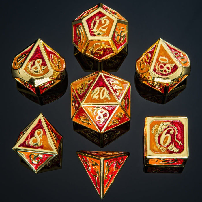 Solid Metal Dragon Polyhedral Dice Set - Gold with Red and Orange - Just $49.99! Shop now at Retro Gaming of Denver