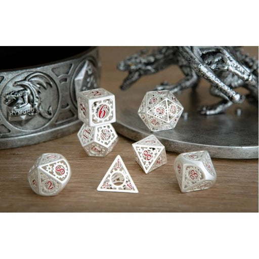 Gears of Providence Hollow Metal Polyhedral Dice Set - Matte Silver with Red Enamel - Premium Polyhedral Dice Set - Just $69.99! Shop now at Retro Gaming of Denver