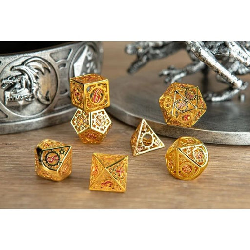 Gears of Providence Hollow Metal Polyhedral Dice Set - Gold with Red Enamel - Premium Polyhedral Dice Set - Just $69.99! Shop now at Retro Gaming of Denver