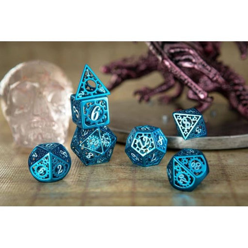 Gears of Providence Hollow Metal Polyhedral Dice Set - Blue with White Enamel - Premium Polyhedral Dice Set - Just $69.99! Shop now at Retro Gaming of Denver