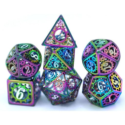 Gears of Providence Hollow Metal Polyhedral Dice Set - Rainbow with White Enamel - Premium Polyhedral Dice Set - Just $69.99! Shop now at Retro Gaming of Denver