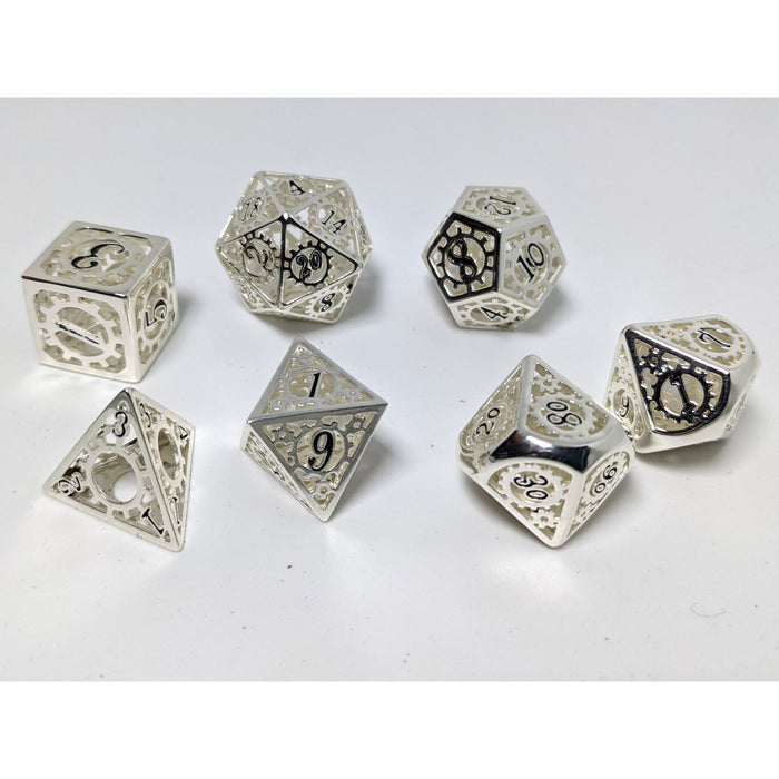 Gears of Providence Hollow Metal Polyhedral Dice Set - Shiny Silver with Black Enamel - Premium Polyhedral Dice Set - Just $69.99! Shop now at Retro Gaming of Denver