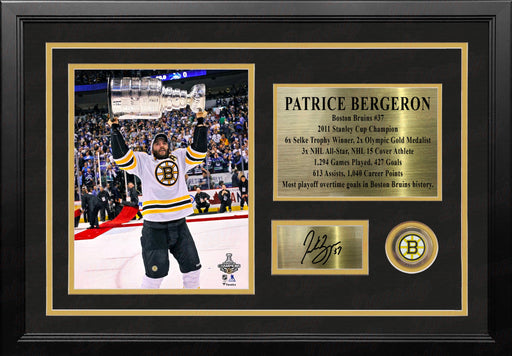 Patrice Bergeron Stanley Cup Boston Bruins 8x10 Framed Photo with Engraved Autograph & Career Stats - for just $99.99! 