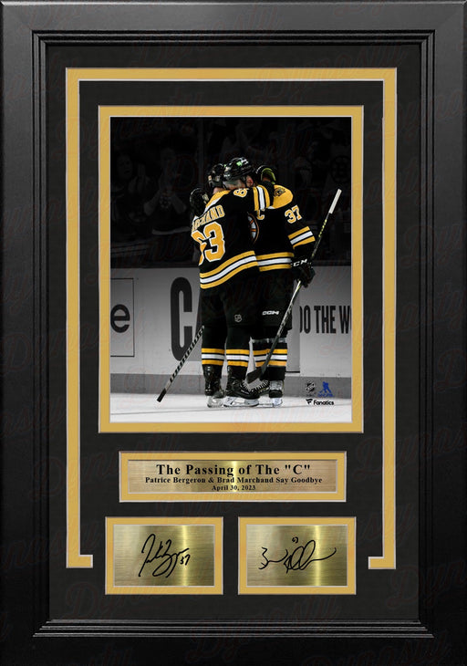 Brad Marchand & Patrice Bergeron, Bergerons Last Game Bruins 11x14 Framed Photo w/ Laser Autographs - for just $99.99! 
