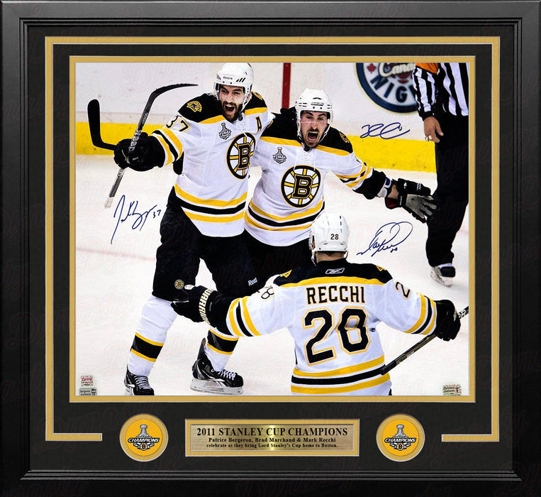 Patrice Bergeron, Mark Recchi, & Brad Marchand Autographed Boston Bruins 11" x 14" Framed Photo - for just $299.99! 