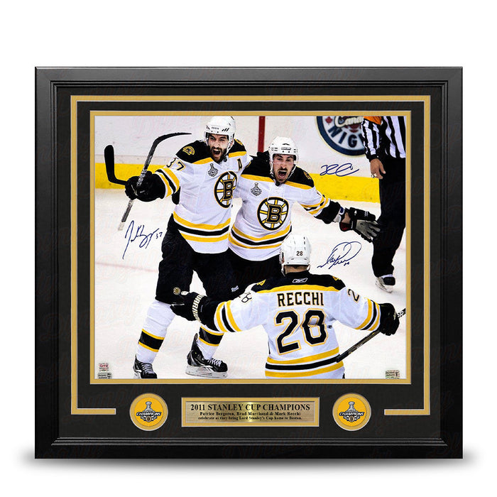 Patrice Bergeron, Mark Recchi, & Brad Marchand Autographed Boston Bruins 11" x 14" Framed Photo - for just $299.99! 