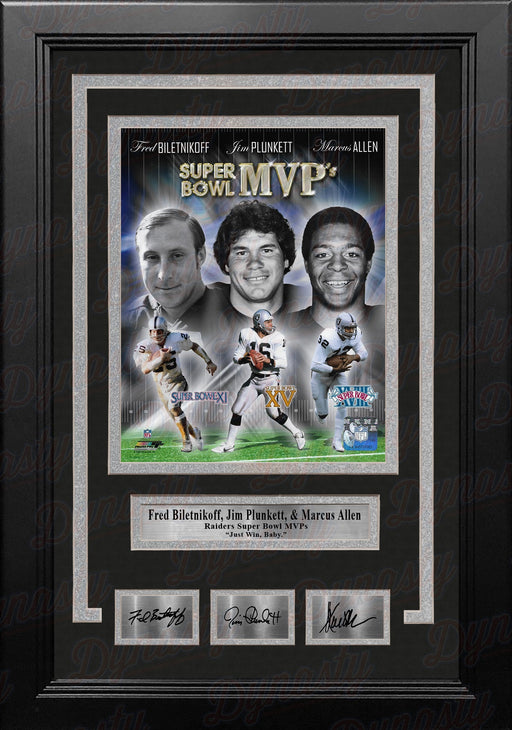 Fred Biletnikoff, Jim Plunkett, & Marcus Allen Raiders 8x10 Framed Photo with Engraved Autographs - for just $99.99! 