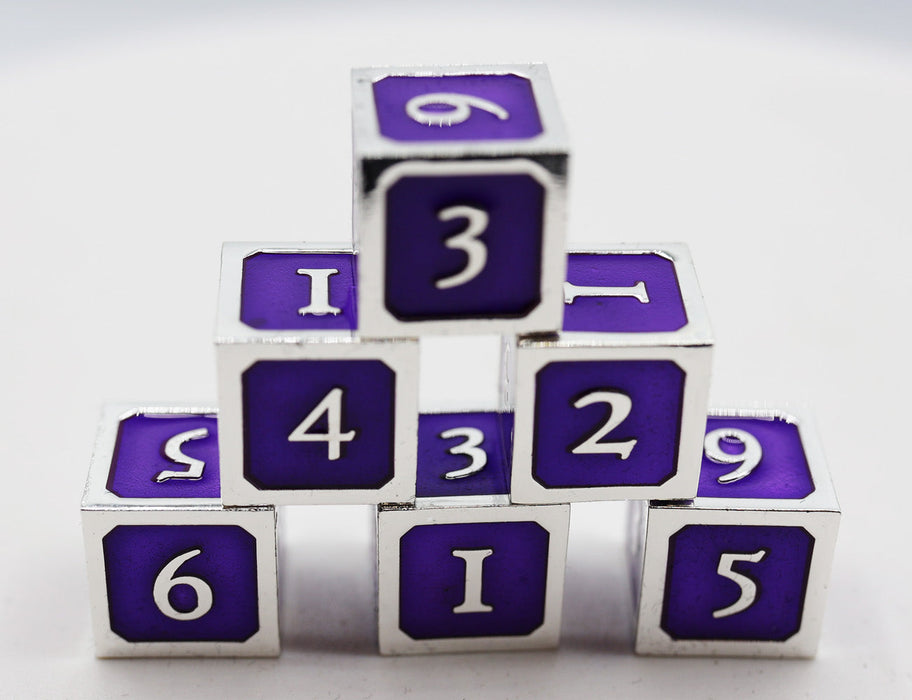 6 piece Metal D6's - Purple and Silver - for just $29.99! 