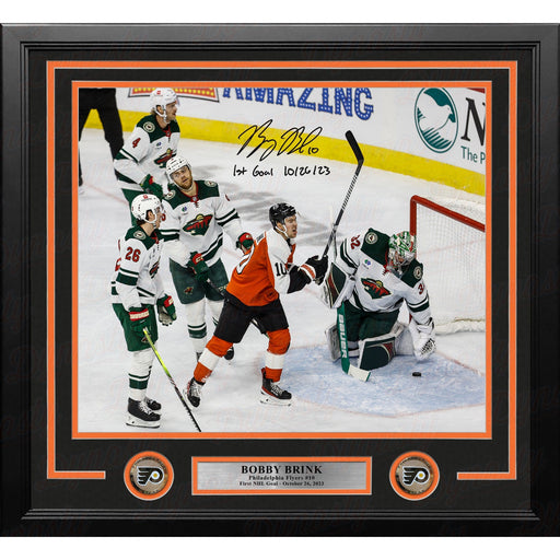 Bobby Brink 1st Career Goal Autographed Philadelphia Flyers 11x14 Framed Photo with Date Inscription - Premium Autographed Framed Hockey Photos - Just $89.99! Shop now at Retro Gaming of Denver