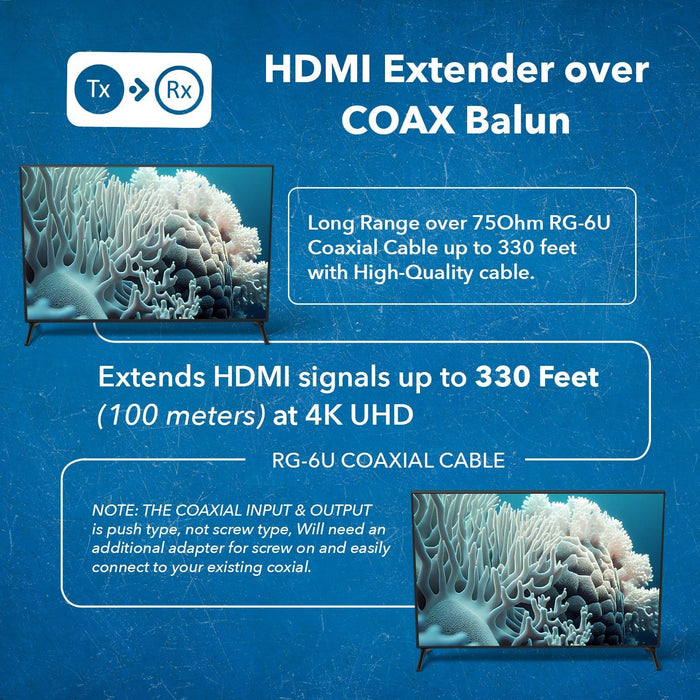 4K HDMI Over Coaxial Extender up to 330 Feet - 4K@60Hz Over 75 Ohm RG-6 Copper Coaxial Cable - Bidirectional IR Control, Audio Out (CO-UHD330-K) - Just $229! Shop now at Retro Gaming of Denver