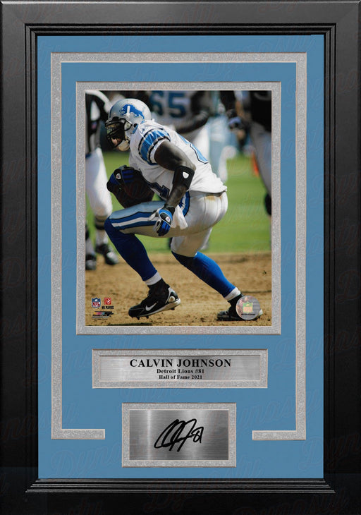 Calvin Johnson in Action Detroit Lions 8" x 10" Framed Football Photo with Engraved Autograph - for just $79.99! 