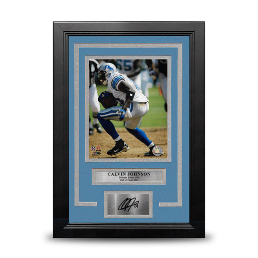 Calvin Johnson in Action Detroit Lions 8" x 10" Framed Football Photo with Engraved Autograph - for just $79.99! 