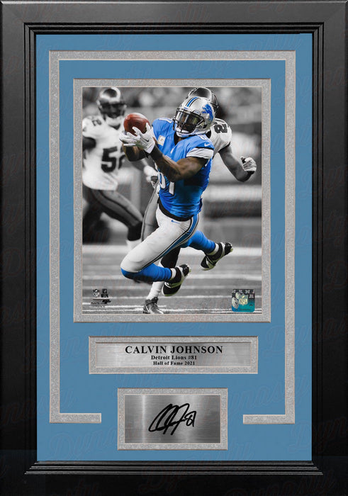 Calvin Johnson Spotlight Action Detroit Lions 8" x 10" Framed Football Photo with Engraved Autograph - for just $79.99! 