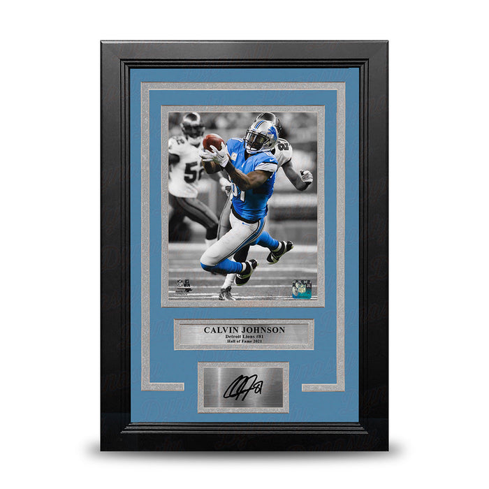 Calvin Johnson Spotlight Action Detroit Lions 8" x 10" Framed Football Photo with Engraved Autograph - for just $79.99! 