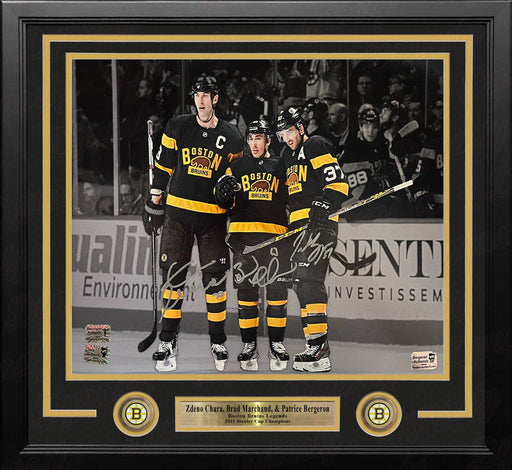 Zdeno Chara, Brad Marchand, Patrice Bergeron Boston Bruins Autographed 11x14 Framed Blackout Photo - for just $374.99! 