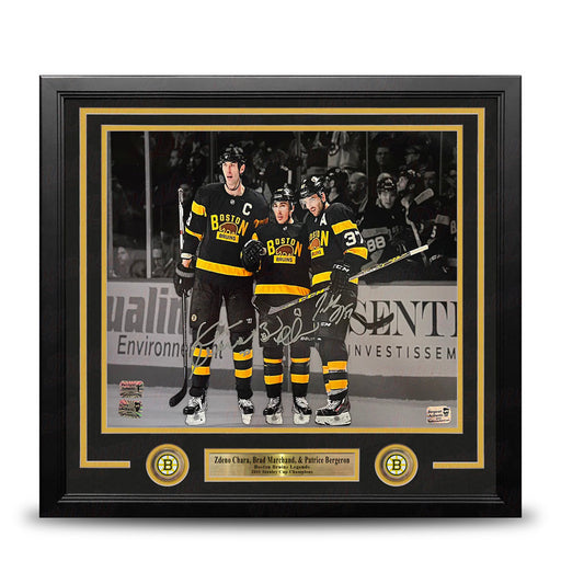 Zdeno Chara, Brad Marchand, Patrice Bergeron Boston Bruins Autographed 11x14 Framed Blackout Photo - for just $374.99! 