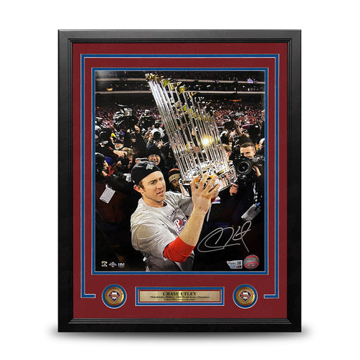 Chase Utley 2008 World Series Trophy Philadelphia Phillies Autographed 11" x 14" Framed Baseball Photo - for just $449.99! 