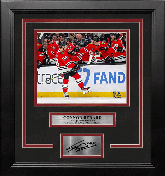 Connor Bedard First NHL Goal Chicago Blackhawks 8" x 10" Framed Hockey Photo with Engraved Autograph - for just $79.99! 