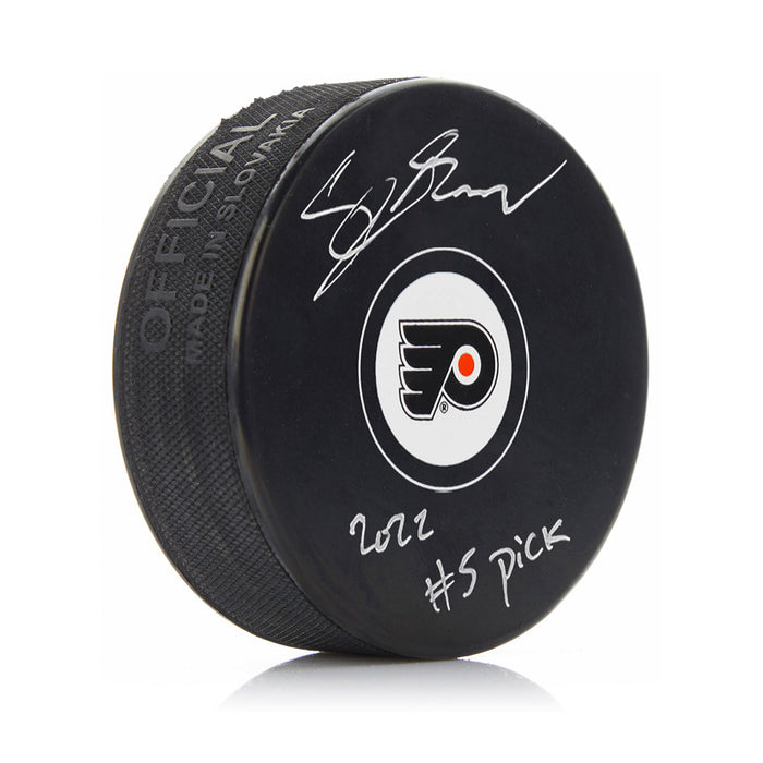 Cutter Gauthier Philadelphia Flyers Autographed NHL Hockey Logo Puck with #5 Pick Inscription - for just $49.99! 