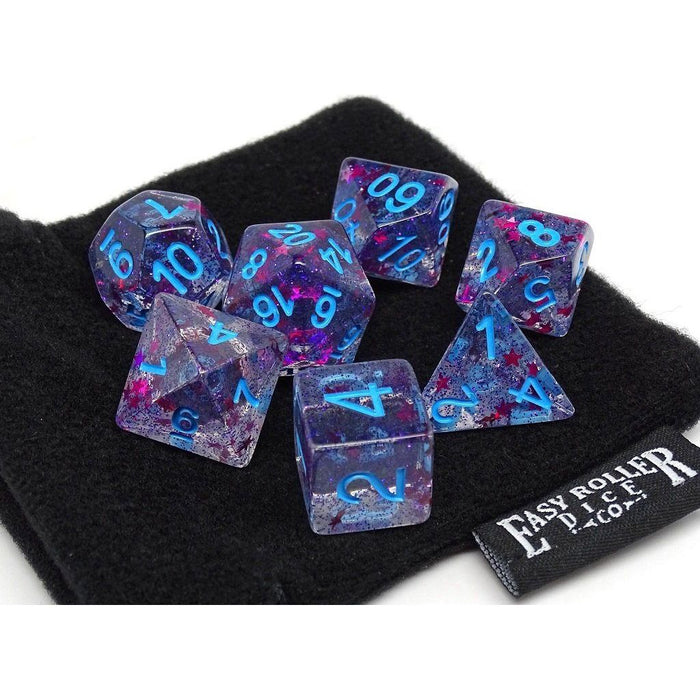 Translucent Starburst with Powder Blue Numbering Dice Collection - 7 Piece Set - Premium 7 Piece Set - Just $12.95! Shop now at Retro Gaming of Denver