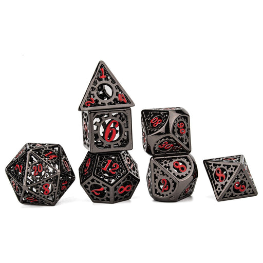 Gears of Providence Hollow Metal Polyhedral Dice Set - Black with Blood Red Enamel - Premium Polyhedral Dice Set - Just $69.99! Shop now at Retro Gaming of Denver