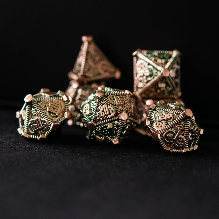 Green and Bronze - Weird West Wasteland Metal Dice Set - Just $39.99! Shop now at Retro Gaming of Denver