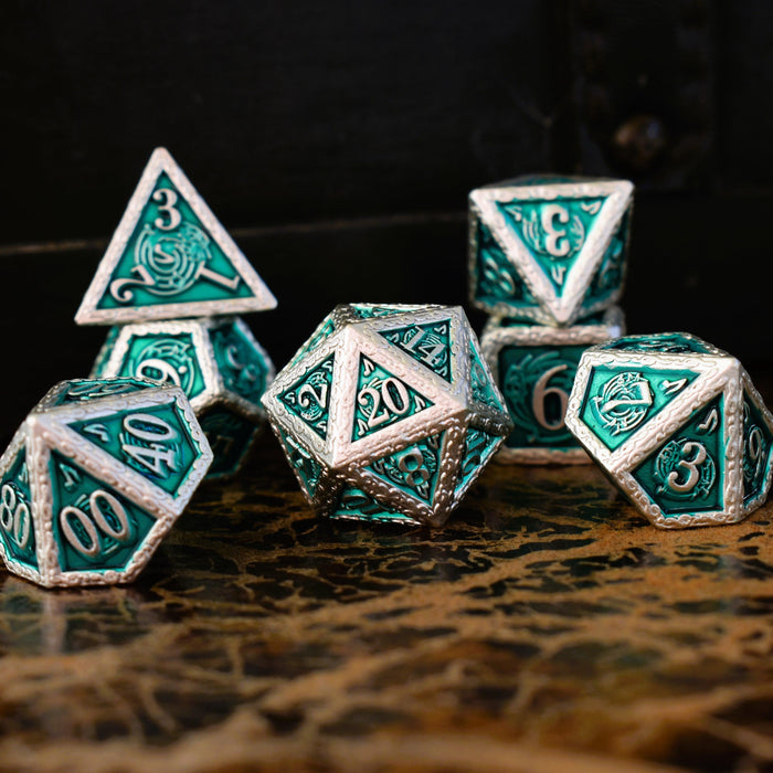 Ballad of the Bard Green and Silver Metal Dice Set - Premium Metal - Just $39.99! Shop now at Retro Gaming of Denver