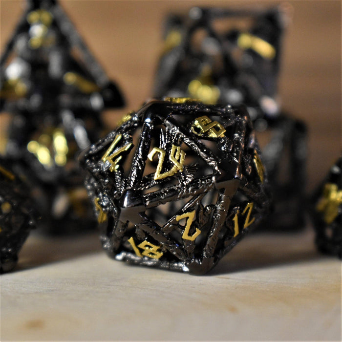 Legends of Valhalla - Black and Gold Hollow Metal Dice Set - Just $59.99! Shop now at Retro Gaming of Denver