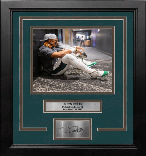 Jalen Hurts Cigar & Trophy Philadelphia Eagles Super Bowl 8x10 Framed Photo with Engraved Autograph - for just $79.99! 