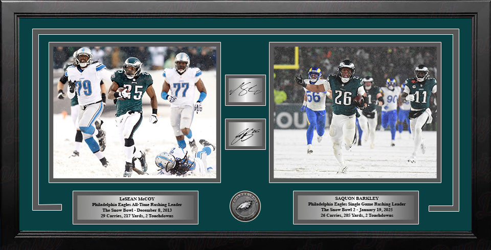 LeSean McCoy & Saquon Barkley Snow Bowl Philadelphia Eagles Framed Photos with Engraved Autographs - for just $159.99! 