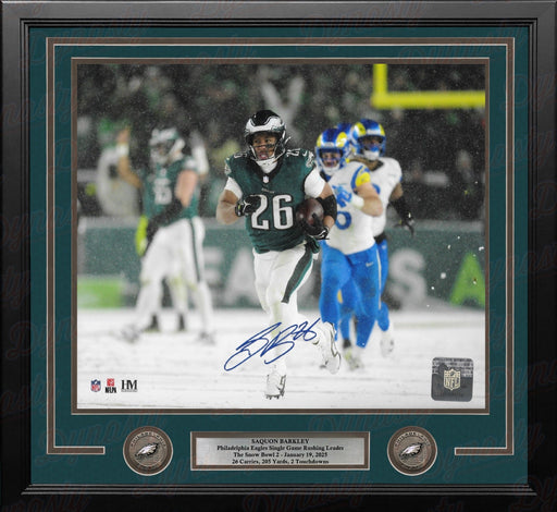 Saquon Barkley Snow Bowl Action Philadelphia Eagles Autographed 16" x 20" Framed Football Photo - for just $529.99! 