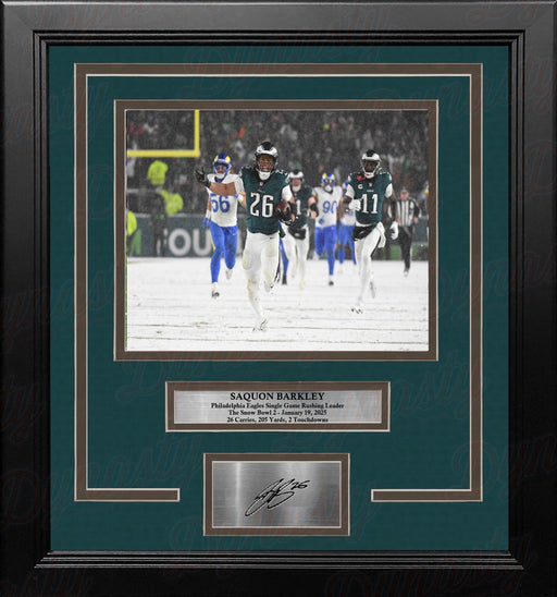 Saquon Barkley Snow Bowl Celebration Philadelphia Eagles 8x10 Framed Photo with Engraved Autograph - for just $79.99! 