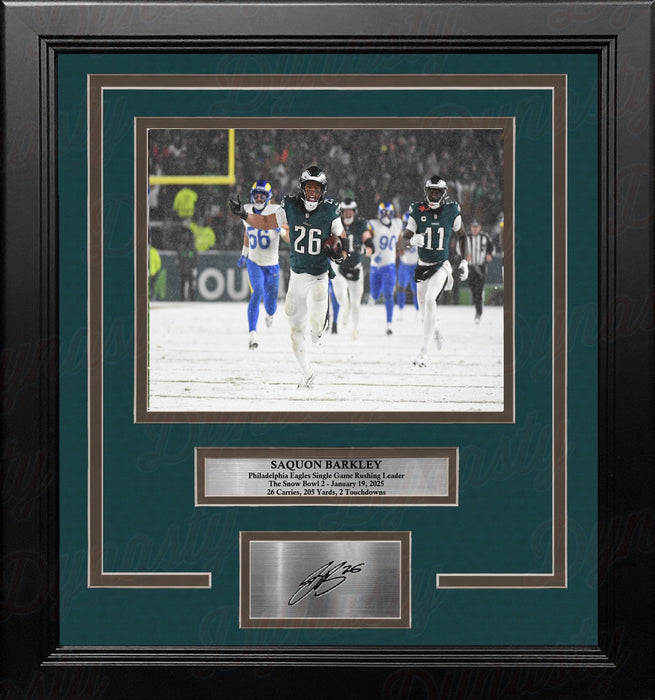 Saquon Barkley Snow Bowl Celebration Philadelphia Eagles 8x10 Framed Photo with Engraved Autograph - for just $79.99! 
