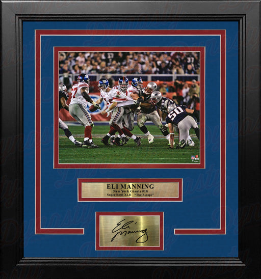 Eli Manning Super Bowl XLII Sack Escape New York Giants 8x10 Framed Photo with Engraved Autograph - for just $79.99! 