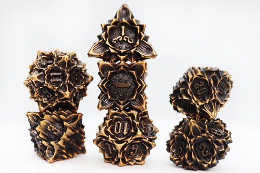 Floral Starburst: Gilded Goldenrod - Metal RPG Dice Set - for just $44.99! 