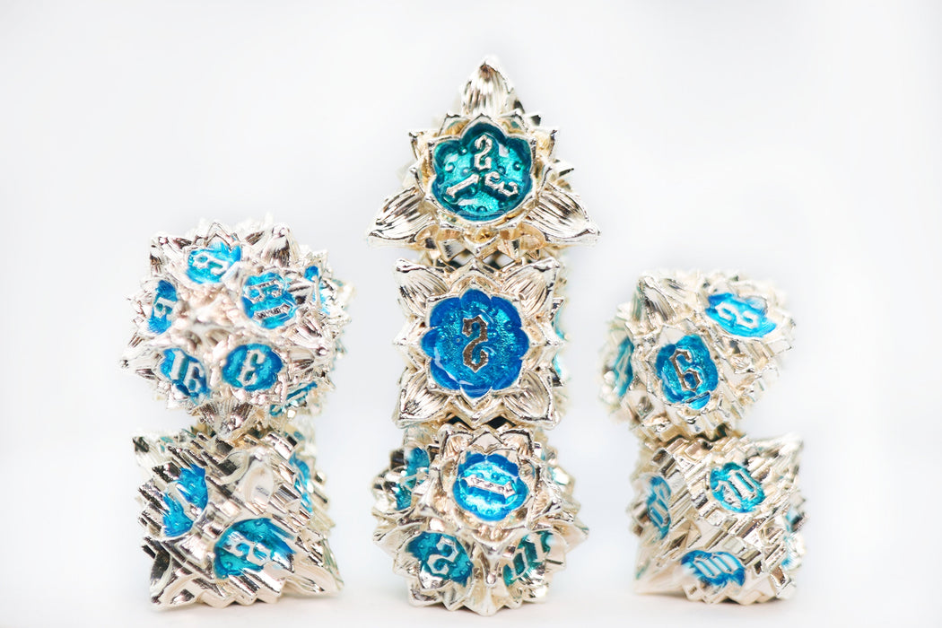 Floral Starburst: Silver Bluebells - Metal RPG Dice Set - for just $44.99! 