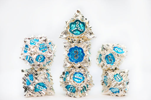 Floral Starburst: Silver Bluebells - Metal RPG Dice Set - for just $44.99! 