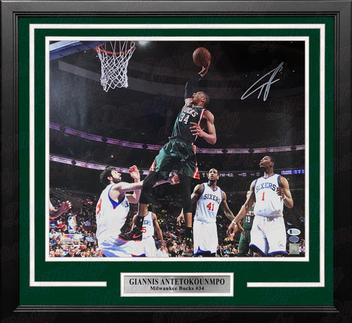 Giannis Antetokounmpo Slam Dunk v. 76ers Milwaukee Bucks Autographed 16x20 Framed Basketball Photo - for just $499.99! 