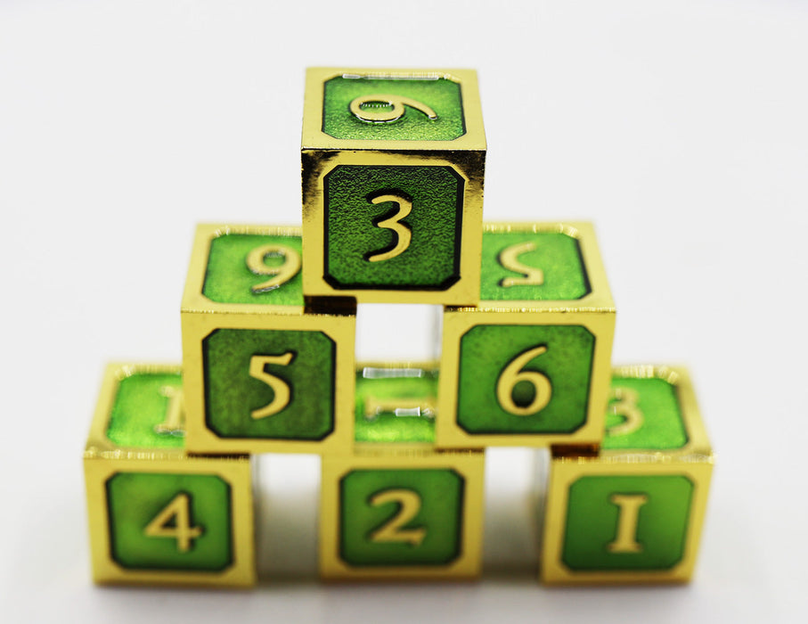 6 piece Metal D6's - Green and Gold - for just $29.99! 
