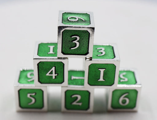 6 piece Metal D6's - Green and Silver - for just $29.99! 
