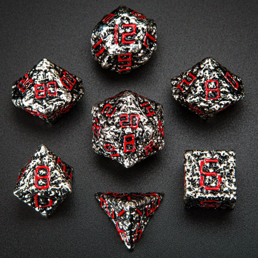 Pile of Skulls Solid Metal Dice Set - Silver and Red - Premium Polyhedral Dice Set - Just $44.99! Shop now at Retro Gaming of Denver