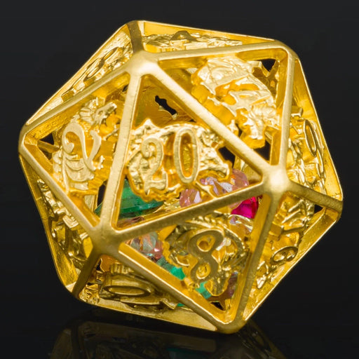 Hollow Dragon Single D20 Filled With Gems - Gold - Premium Polyhedral Dice Set - Just $29.99! Shop now at Retro Gaming of Denver