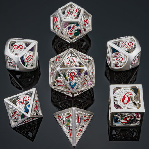 Hollow Dragon Polyhedral Dice Set Filled With Gems - Silver - Premium Polyhedral Dice Set - Just $89.99! Shop now at Retro Gaming of Denver