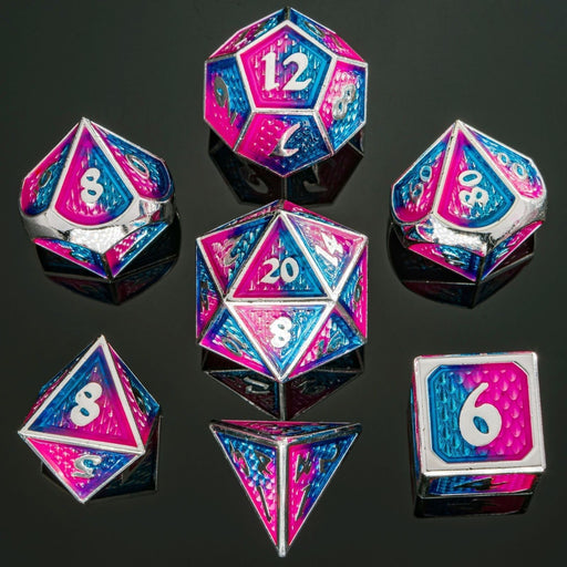 Solid Metal Behemoth Dice set - Silver with Pink and Blue - Premium Polyhedral Dice Set - Just $39.99! Shop now at Retro Gaming of Denver