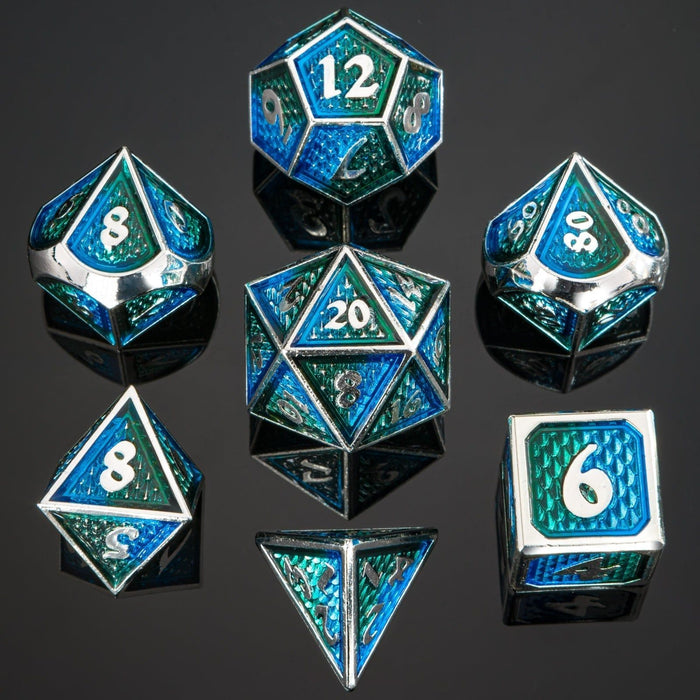 Solid Metal Behemoth Dice set - Silver with Green and Blue - Just $39.99! Shop now at Retro Gaming of Denver