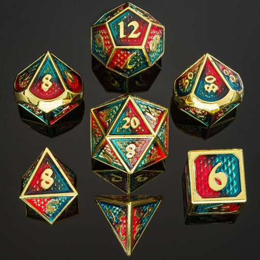 Solid Metal Behemoth Dice set - Gold with Red and Blue - Premium Polyhedral Dice Set - Just $39.99! Shop now at Retro Gaming of Denver