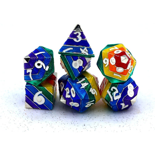 Rainbow Pride solid metal dice set - Silver with White Lettering - Premium Polyhedral Dice Set - Just $49.99! Shop now at Retro Gaming of Denver