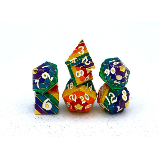 Rainbow Pride solid metal dice set - Gold with White Lettering - Premium Polyhedral Dice Set - Just $49.99! Shop now at Retro Gaming of Denver